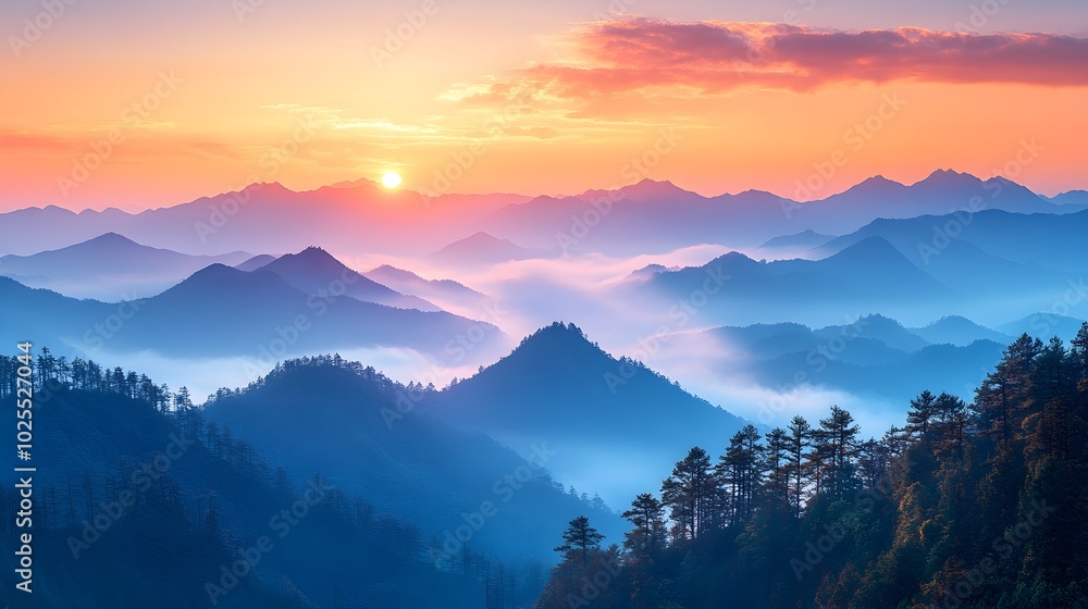 Fototapeta premium Majestic Mountain Range Bathed in Soft Pastel Sunrise Colors at Dawn