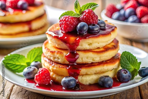 Delicious cottage cheese pancakes topped with raspberries and blueberry jam macro shot