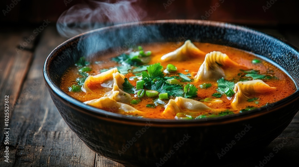 Delicious bowl of hot soup with dumplings and herbs