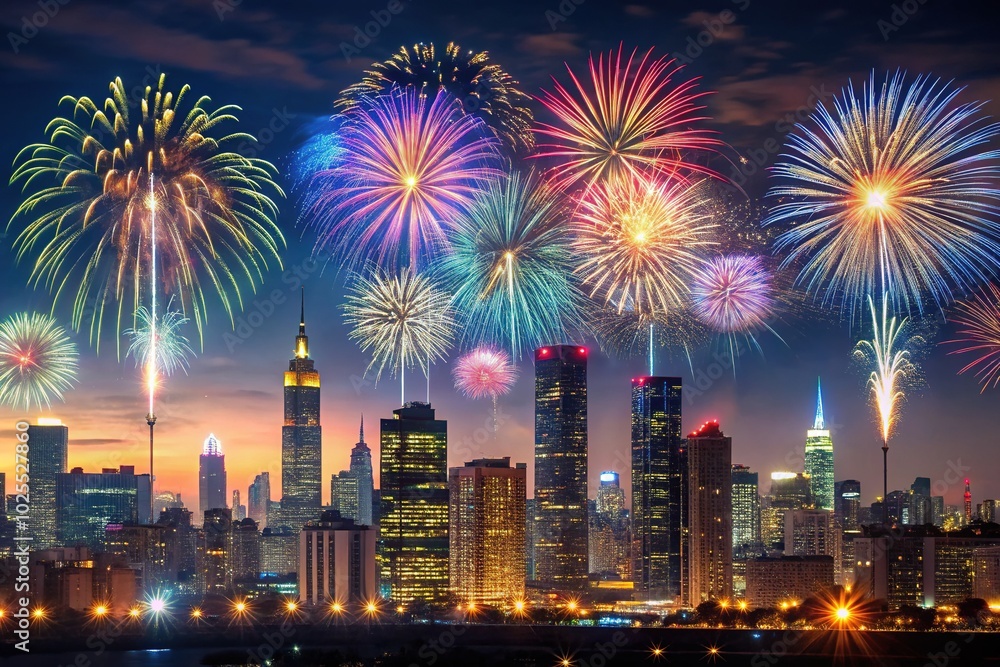 Stunning Fireworks Burst Over City Skyline at Night - Minimalist Photography Stunning Fireworks Burst Over City Skyline at Night - Minimalist Photography