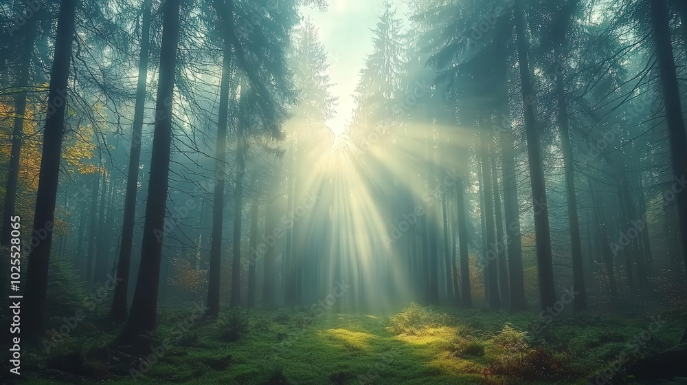 Sunlight through misty forest path Sunlight through misty forest path