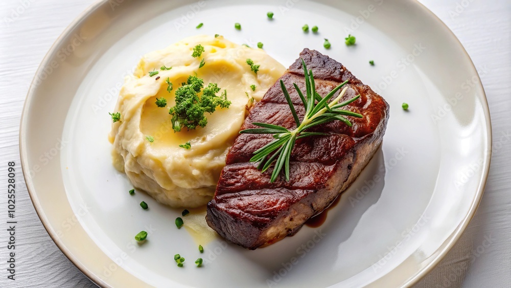 Delicious dish of baked wagyu beef and mashed potatoes on a white plate Delicious dish of baked wagyu beef and mashed potatoes on a white plate
