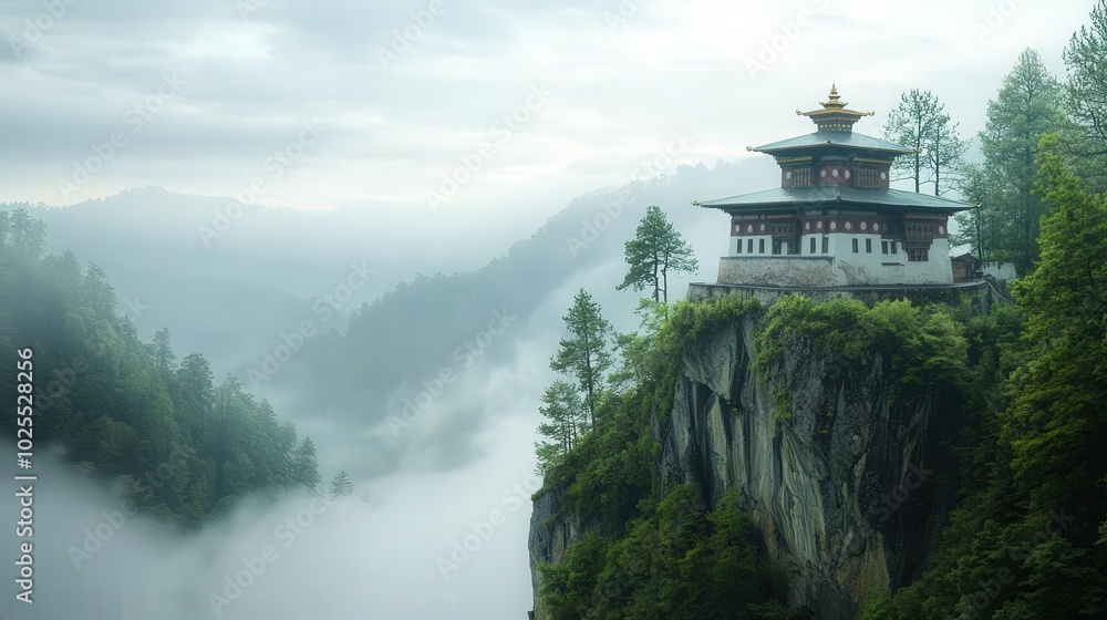 Mountaintop temple with foggy valley Mountaintop temple with foggy valley