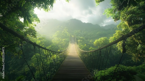 Fototapeta Naklejka Na Ścianę i Meble -  Rope bridge in a lush green jungle