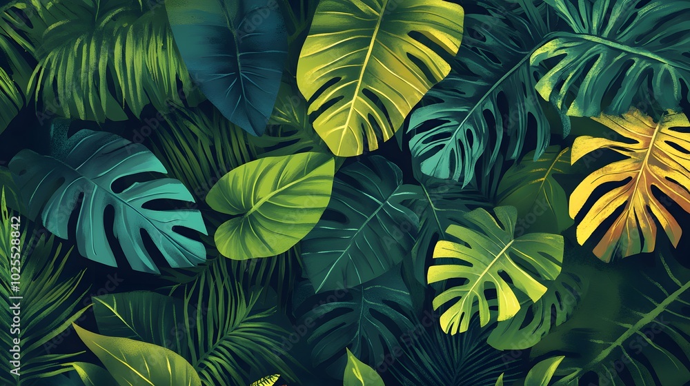 Lush Tropical Foliage with Varying Green and Yellow Hues Lush Tropical Foliage with Varying Green and Yellow Hues
