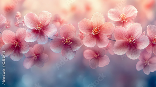 Soft pink blossoms in a dreamy, ethereal watercolor setting