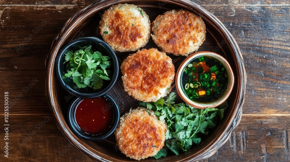 Crispy Fried Snacks with Sauces and Fresh Herbs Crispy Fried Snacks with Sauces and Fresh Herbs