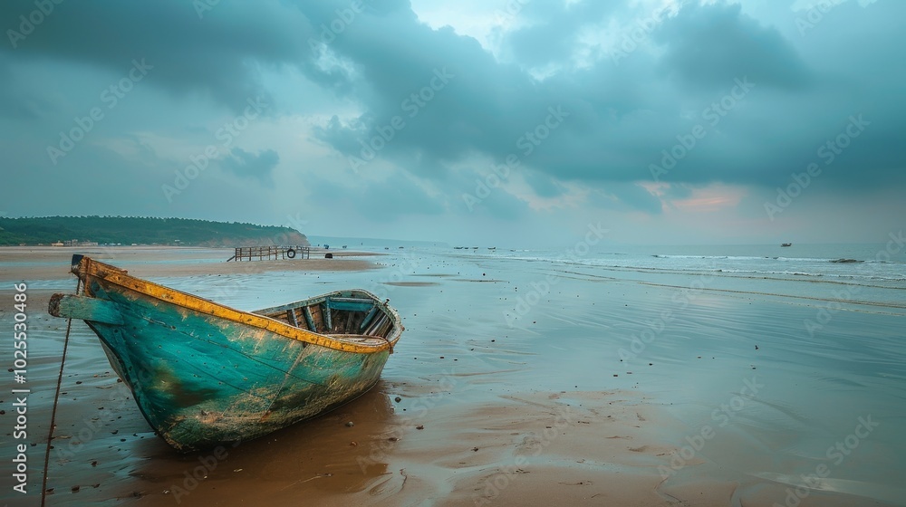 A weathered teal and yellow boat sits on a sandy beach under a cloudy sky A weathered teal and yellow boat sits on a sandy beach under a cloudy sky