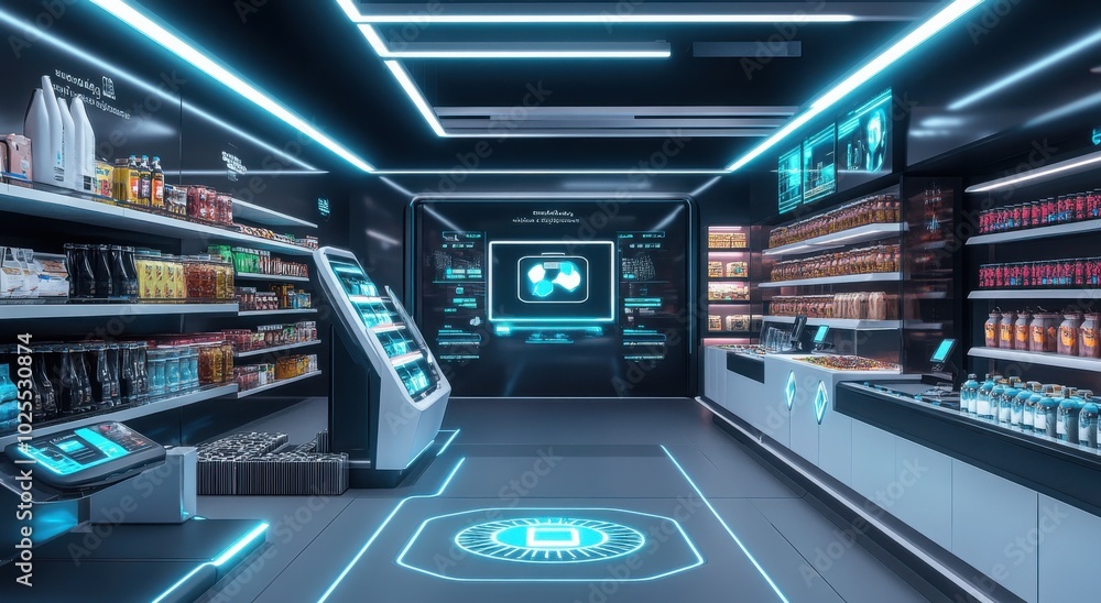Fototapeta premium Futuristic automated supermarket with neon lighting and digital displays.