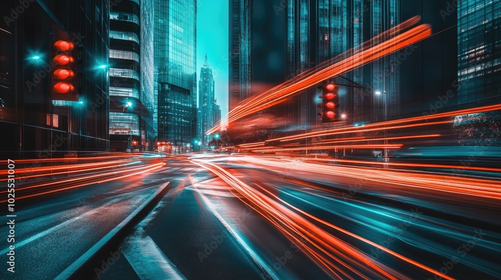 Fototapeta premium Urban Night Traffic with Light Trails and Buildings