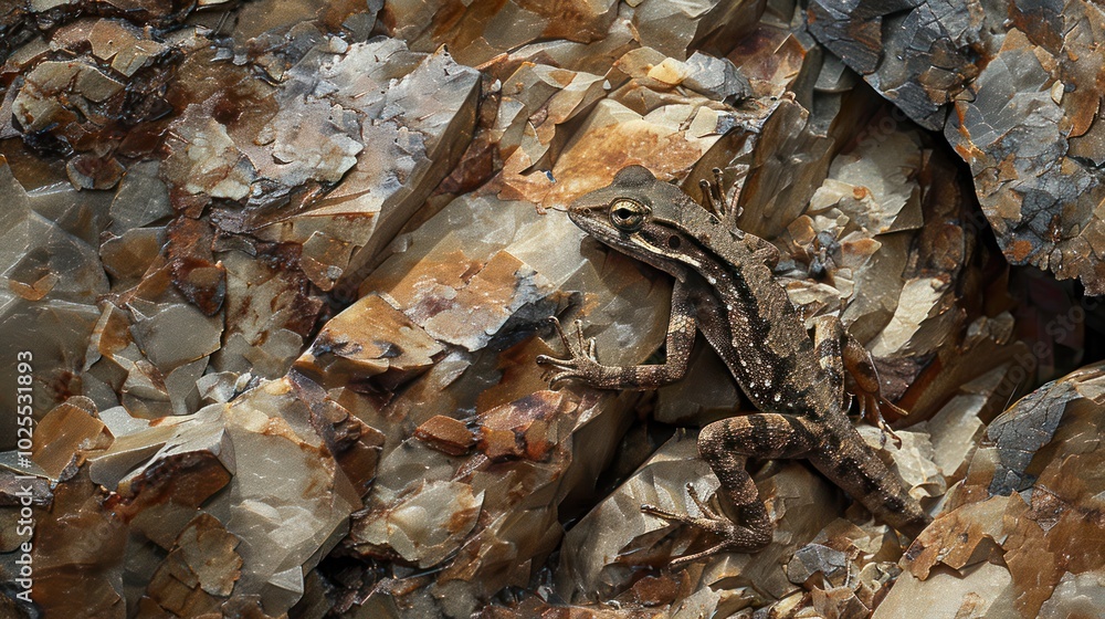 Brown Lizard Camouflaged Among Rough, Cracked Rocks
