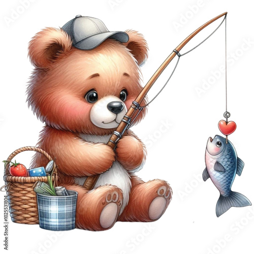 Cute bear sitting fishing clipart watercolor