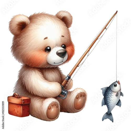 Cute bear sitting fishing clipart watercolor