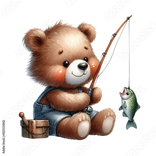 Cute bear sitting fishing clipart watercolor