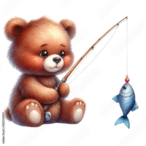 Cute bear sitting fishing clipart watercolor
