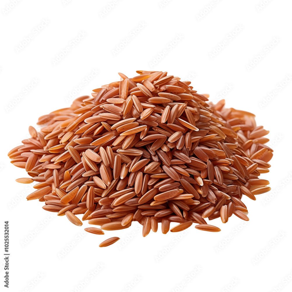 Raw red rice grains piled in a mound ready for cooking or packaging in a kitchen setting Raw red rice grains piled in a mound ready for cooking or packaging in a kitchen setting
