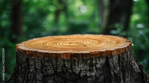 A close-up of tree rings on a freshly cut stump, with forest in the background 