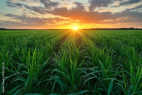 A vibrant green field of grass illuminated by the warm glow of a setting sun, creating a picturesque landscape.