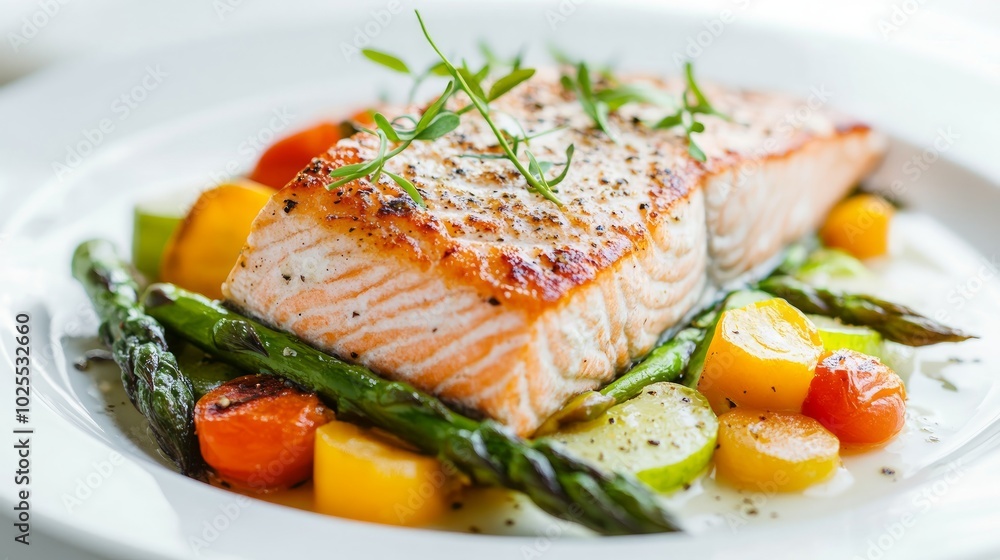 A grilled salmon fillet served with asparagus, cherry tomatoes and yellow squash on a white plate.