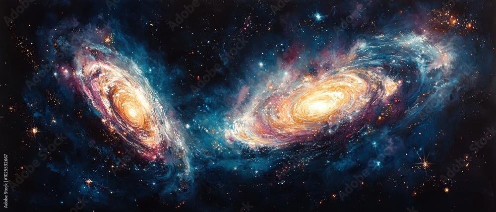 Stunning Cosmic Dance: Two Galaxies in Vivid Colors Showcase the Majesty and Expansive Beauty of the Universe's Galactic Wonders Stunning Cosmic Dance: Two Galaxies in Vivid Colors Showcase the Majesty and Expansive Beauty of the Universe's Galactic Wonders