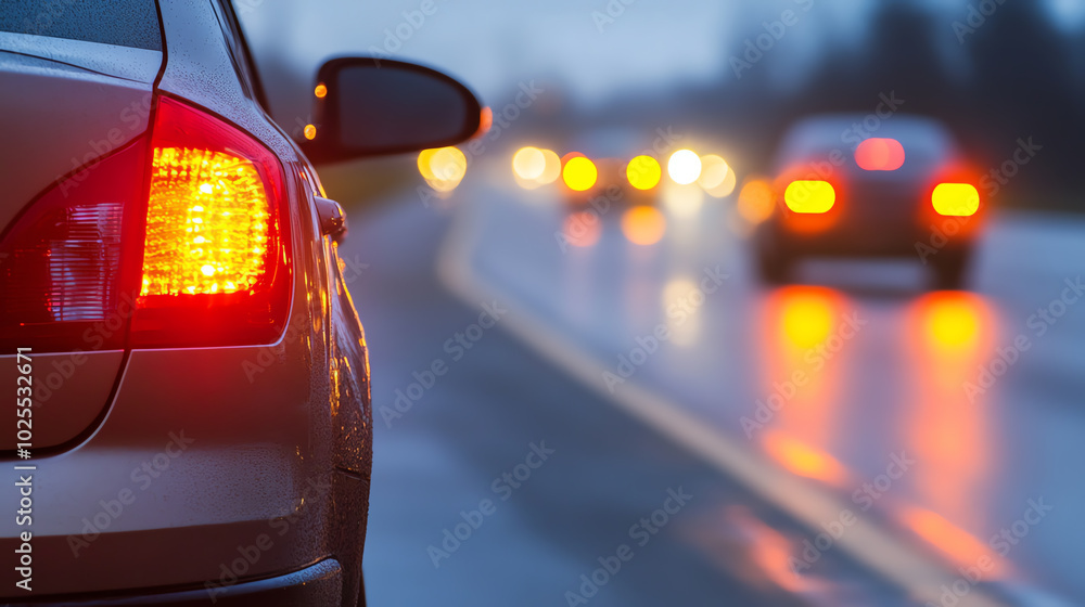 A closeup image of a cars hazard lights blinking as its safely parked on the shoulder of a highway The road ahead is clear A closeup image of a cars hazard lights blinking as its safely parked on the shoulder of a highway The road ahead is clear