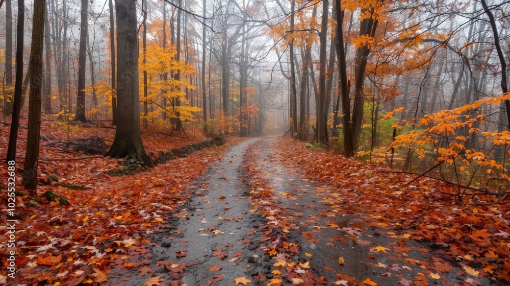 Autumnal Forest Path with Misty Atmosphere Autumnal Forest Path with Misty Atmosphere