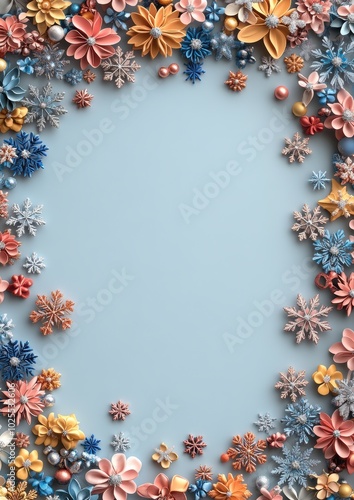 Elegant Blue and Orange Floral Frame with Intricate Paper Flowers Creating a Beautiful Border on Light Blue Background