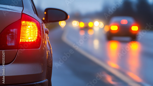 A closeup image of a cars hazard lights blinking as its safely parked on the shoulder of a highway The road ahead is clear photo