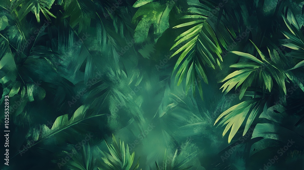 Lush Green Foliage with Tropical Palm Leaves Lush Green Foliage with Tropical Palm Leaves