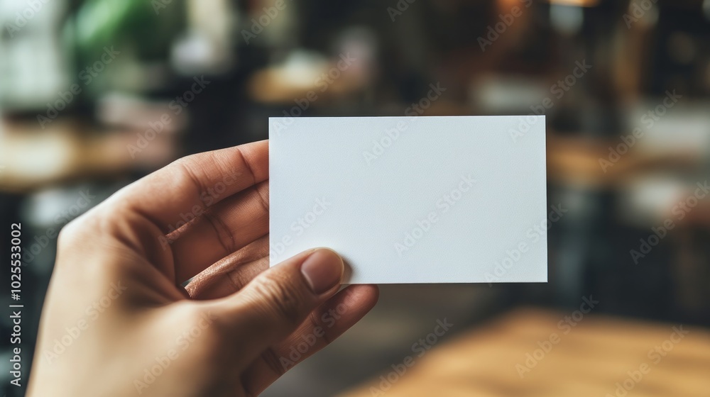 A hand holding a blank white business card, with a blurred background of a coffee shop. A hand holding a blank white business card, with a blurred background of a coffee shop.