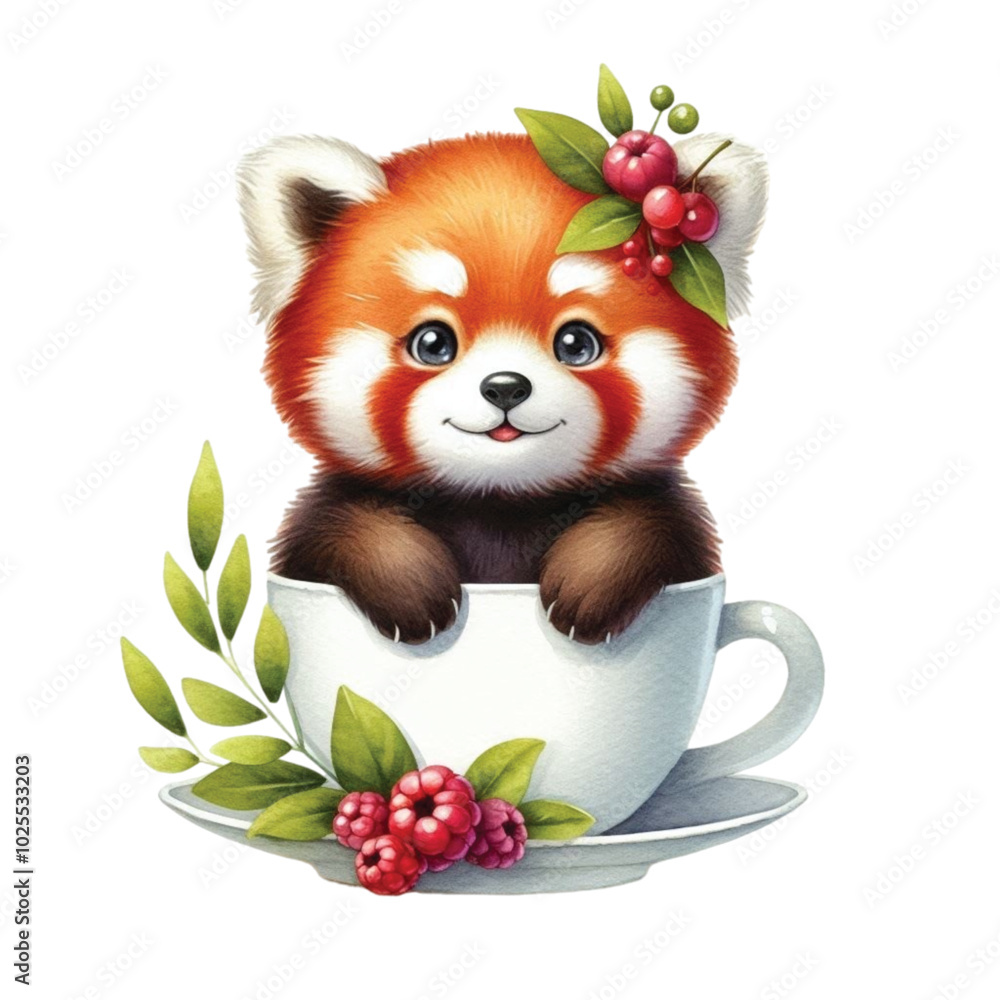 Red panda sitting in a coffee cup clipart watercolor Red panda sitting in a coffee cup clipart watercolor