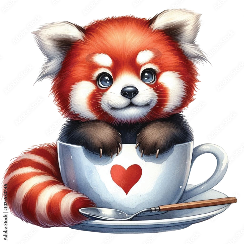 Obraz premium Red panda sitting in a coffee cup clipart watercolor