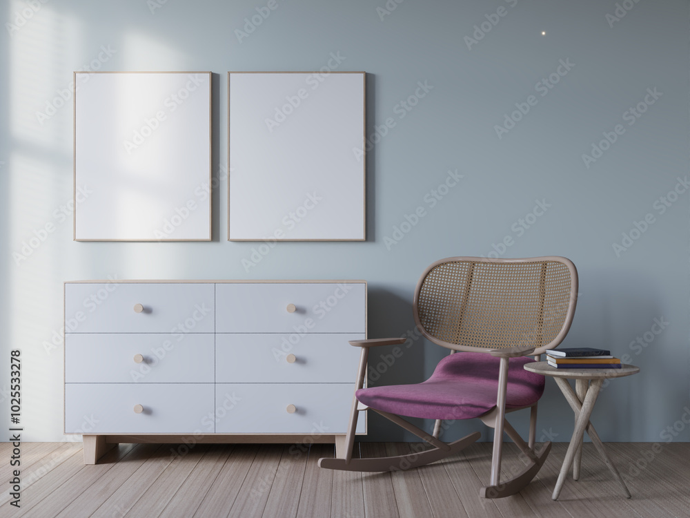 modern bedroom interior background with credenza and mockup poster frame. 3d rendering modern bedroom interior background with credenza and mockup poster frame. 3d rendering