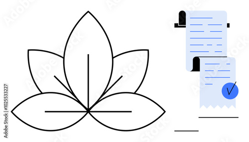 Simple line drawing of a lotus flower next to documents with checkmarks. Ideal for wellness, mindfulness, organization, planning, and minimalism themes. Modern and clean design style