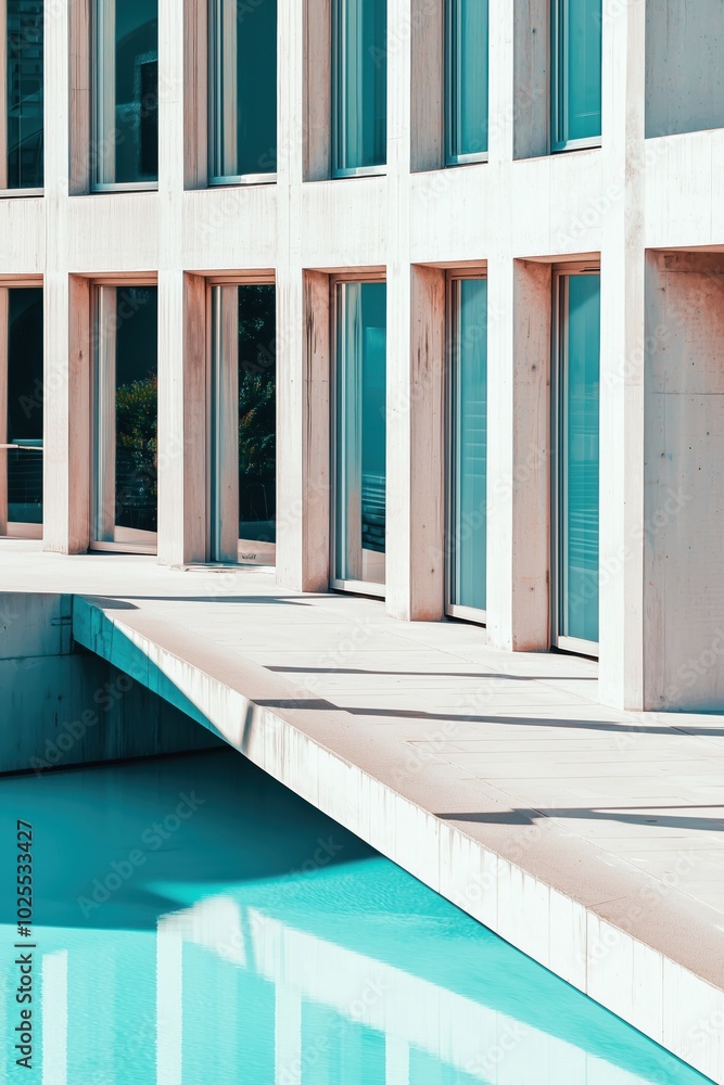Fototapeta premium Modern Architecture by the Water: Clean lines and minimalist design of a contemporary building reflected in a turquoise pool. A study in architectural geometry and serene beauty. 
