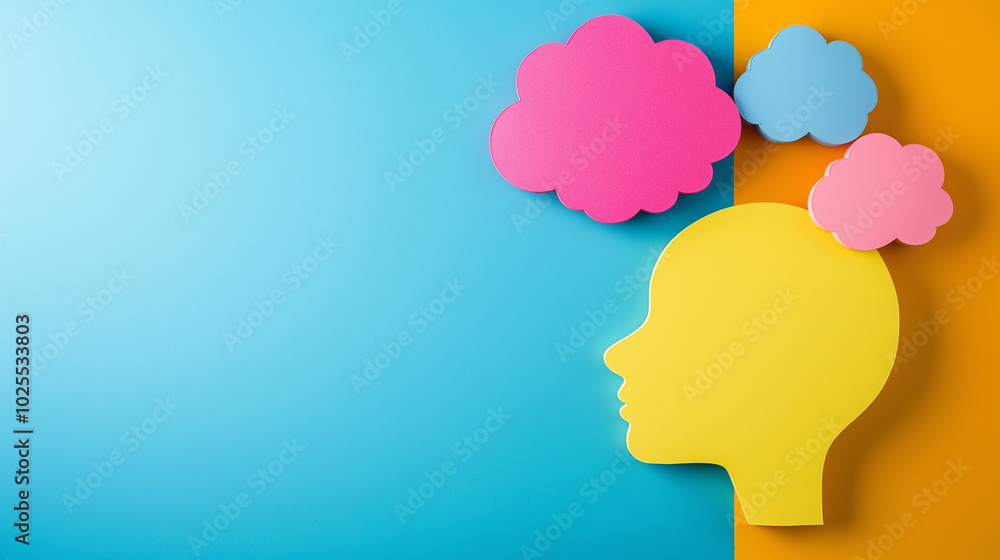 A bright and colorful representation of psychological health featuring a yellow head silhouette with pink and blue thought clouds on a vibrant backdrop, copy space A bright and colorful representation of psychological health featuring a yellow head silhouette with pink and blue thought clouds on a vibrant backdrop, copy space