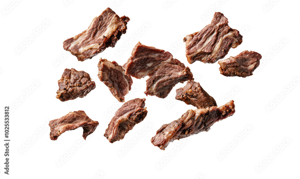 cooked meat, beef falling on transparent background cooked meat, beef falling on transparent background