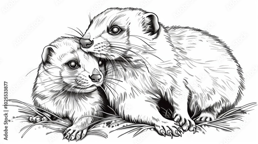 Cute Ferrets in Line Art Style on White Background Cute Ferrets in Line Art Style on White Background