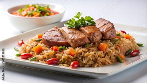 Delicious meat and rice served on a white dish at a tilted angle