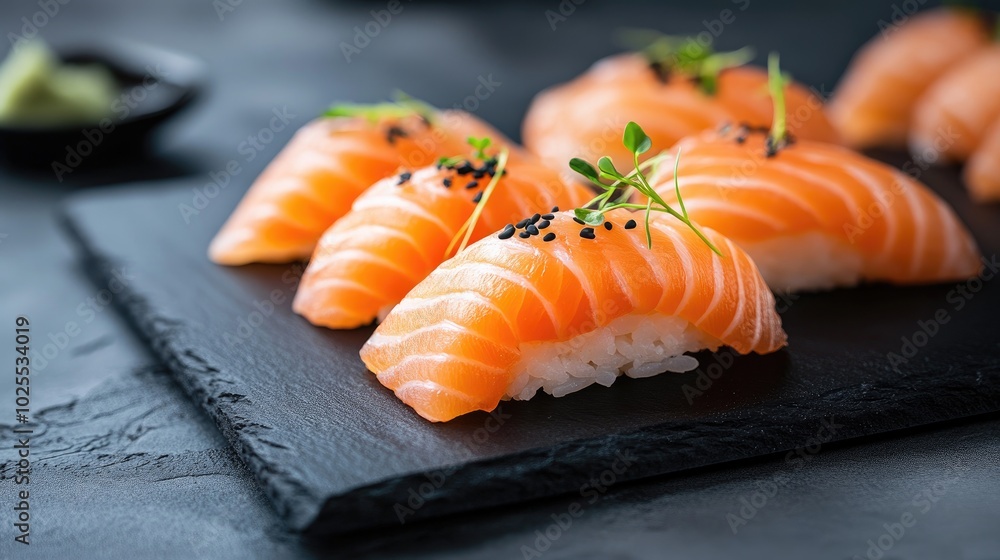 Fresh Salmon Sushi on Slate Plate Fresh Salmon Sushi on Slate Plate