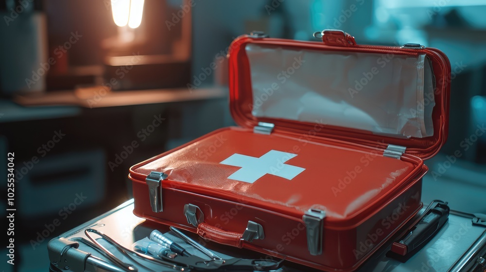 Naklejka premium Opened First Aid Kit on a Table