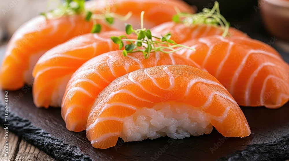 Fresh Salmon Sushi on Black Slate Plate Fresh Salmon Sushi on Black Slate Plate