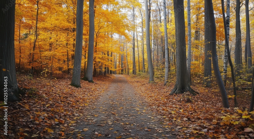 Scenic forest path adorned with vibrant autumn foliage in a serene setting. Scenic forest path adorned with vibrant autumn foliage in a serene setting.