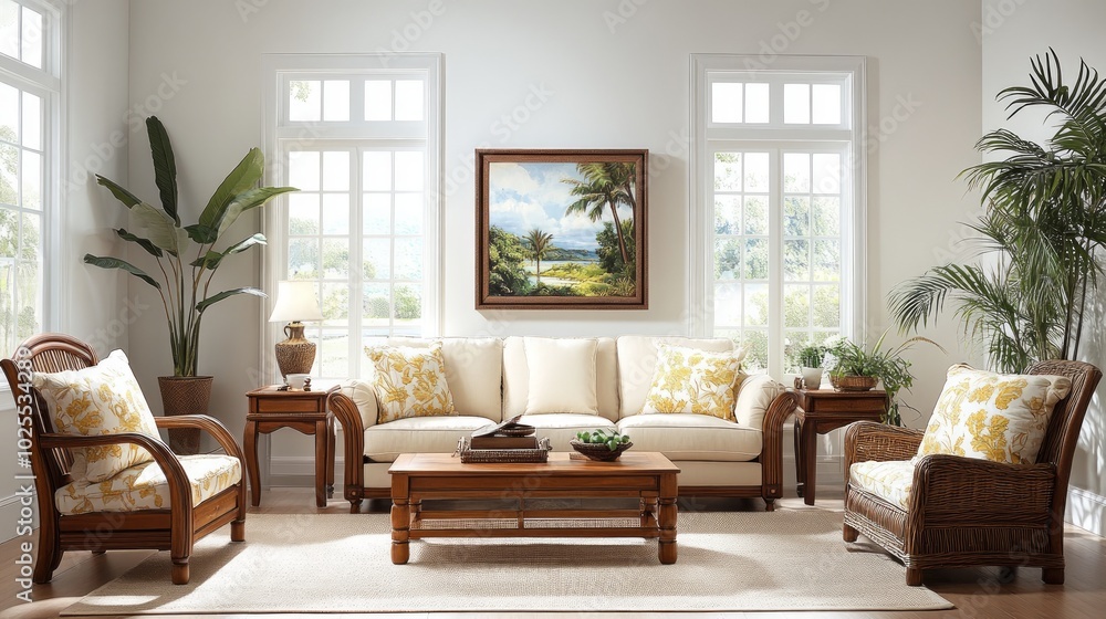 Fototapeta premium A living room with a white couch, two armchairs, a coffee table, a rug, two end tables, two lamps, and two plants.
