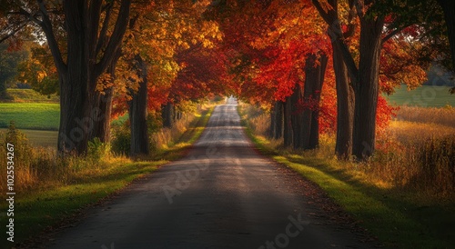 Tranquil rural road lined with vibrant autumn foliage under the golden sun.