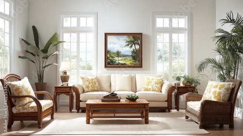 A living room with a white couch, two armchairs, a coffee table, a rug, two end tables, two lamps, and two plants.