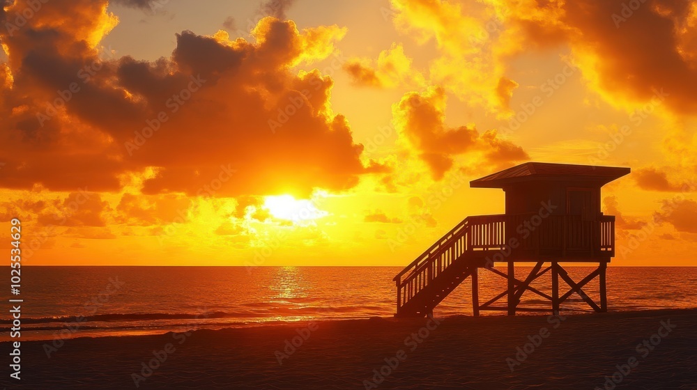 Lifeguard Stand Silhouetted Against a Fiery Sunset Over a Beach Lifeguard Stand Silhouetted Against a Fiery Sunset Over a Beach