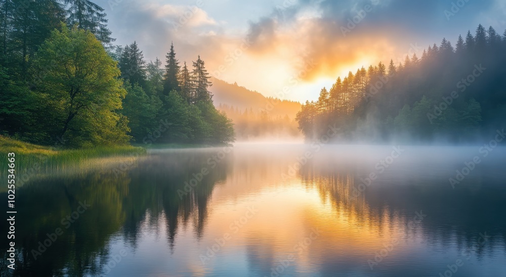 Fototapeta premium Tranquil lake reflecting a vibrant sunrise surrounded by misty pine forests.