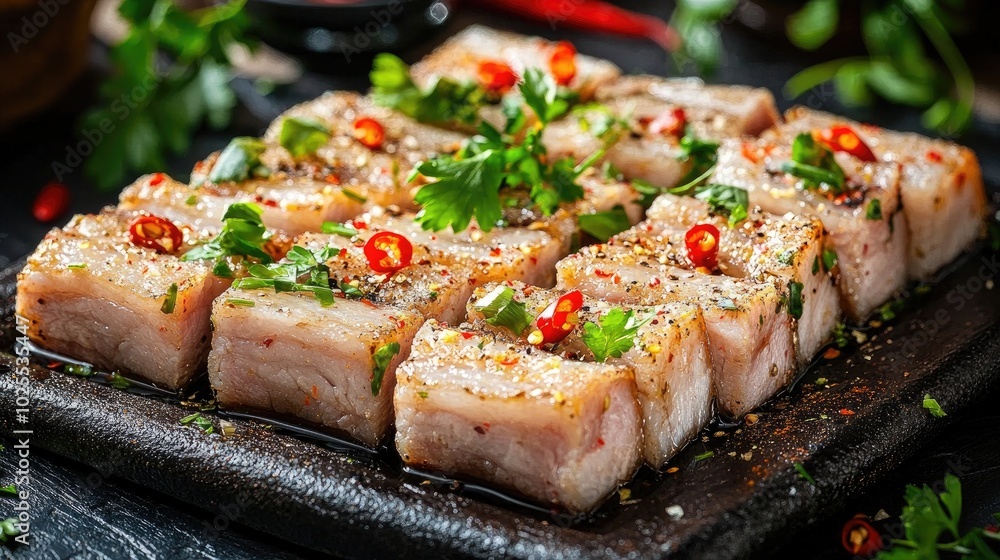 Deliciously Spiced Meat Dish on a Black Platter Deliciously Spiced Meat Dish on a Black Platter