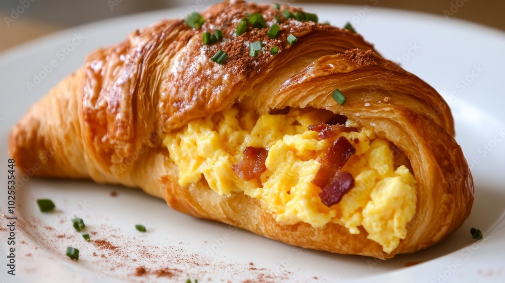 A croissant filled with scrambled eggs and bacon. A croissant filled with scrambled eggs and bacon.